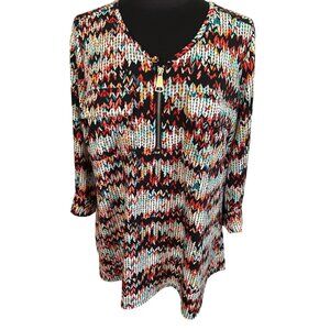 New Directions Curvy 1X Top Multicolor Zigzag Print Half Zip 3/4 Sleeves